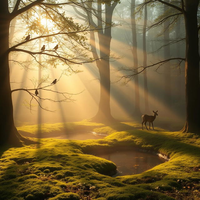 An ethereal forest scene with trees bathed in a soft golden light