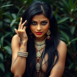 a captivating portrait of a nude Indian woman, adorned with traditional jewelry, with elegant henna designs on her hands and feet