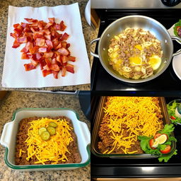 A homey kitchen scene featuring a delicious casserole being prepared