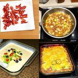 A homey kitchen scene featuring a delicious casserole being prepared