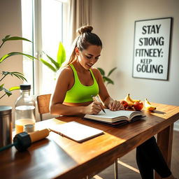 A fitness enthusiast sitting at a wooden table, writing in a leather-bound fitness journal