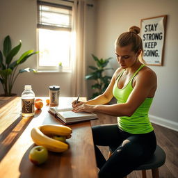 A fitness enthusiast sitting at a wooden table, writing in a leather-bound fitness journal