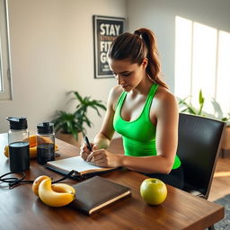 A fitness enthusiast sitting at a wooden table, writing in a leather-bound fitness journal