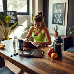 A fitness enthusiast sitting at a wooden table, writing in a leather-bound fitness journal