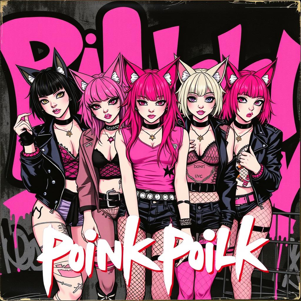 An album cover featuring five girls with cat ears, all styled in a punk and pink theme