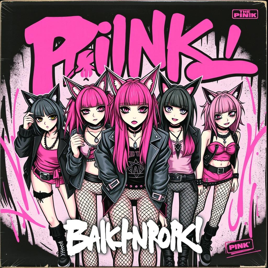 An album cover featuring five girls with cat ears, all styled in a punk and pink theme