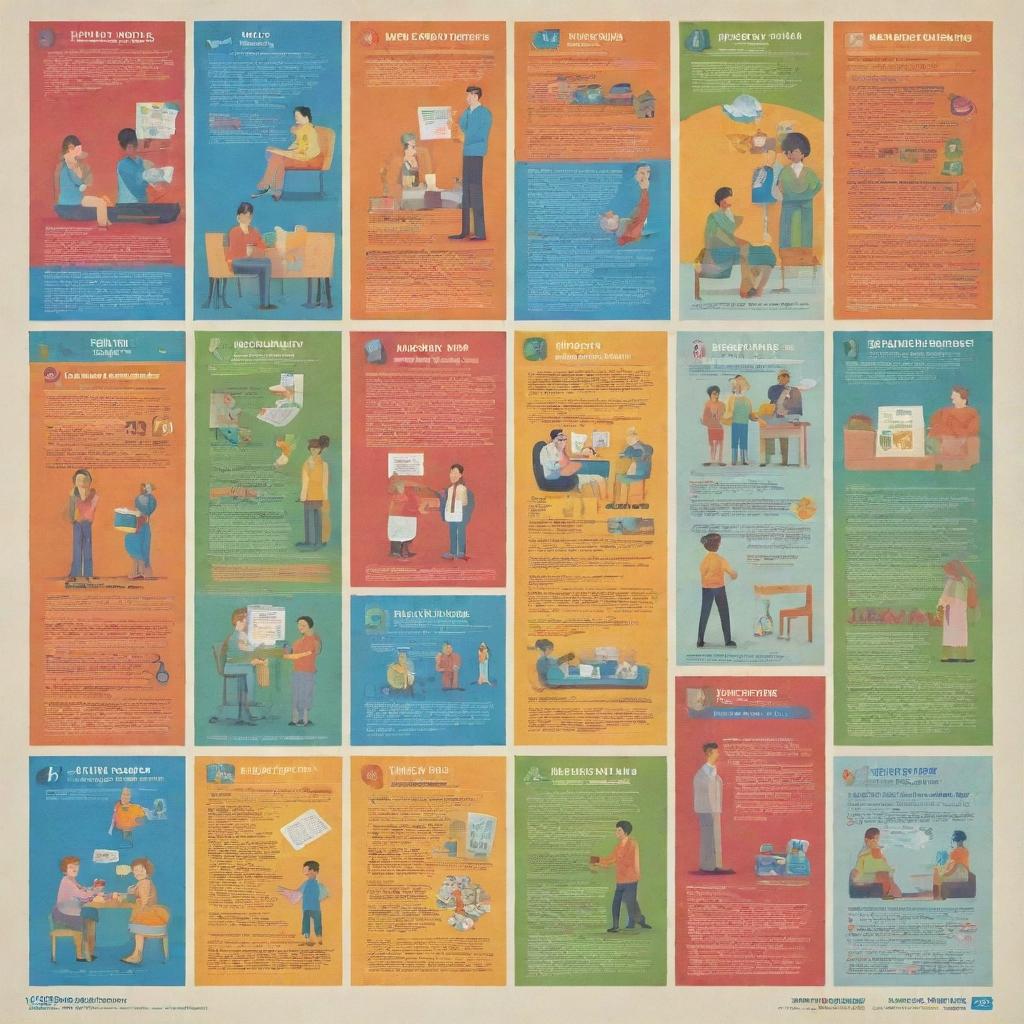 A vibrant, inspiring poster featuring a variety of adult responsibilities such as job, health, finance, and relationships, emphasizing the importance of responsible adulthood.