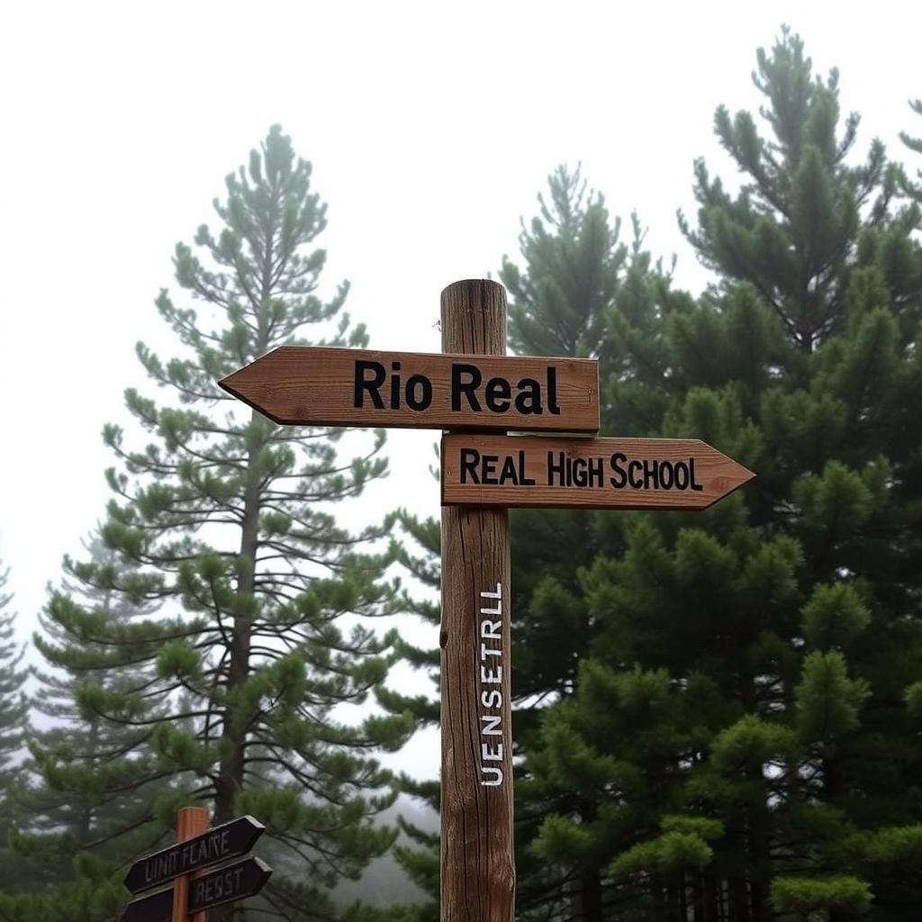 A wooden signpost in front of a backdrop of pine trees on a cloudy day