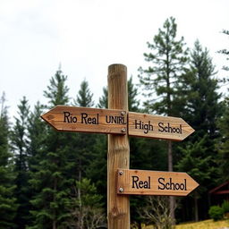 A wooden signpost in front of a backdrop of pine trees on a cloudy day