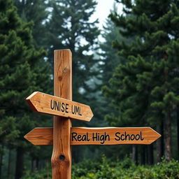 A wooden signpost in front of a backdrop of pine trees on a cloudy day