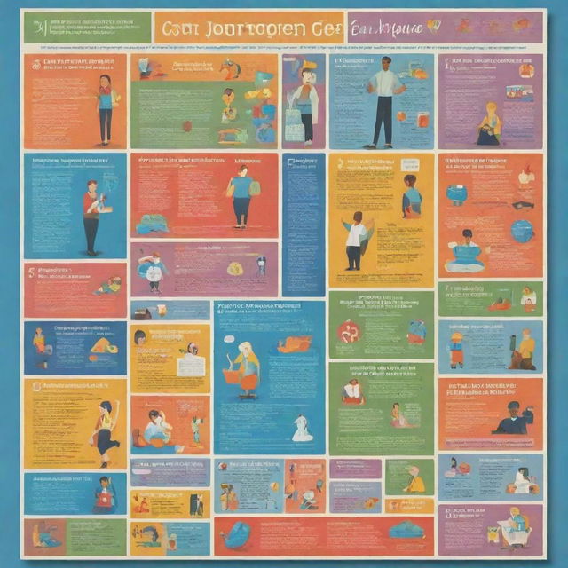 A vibrant, inspiring poster featuring a variety of adult responsibilities such as job, health, finance, and relationships, emphasizing the importance of responsible adulthood.