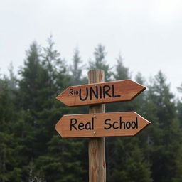 A wooden signpost in front of a backdrop of pine trees on a cloudy day