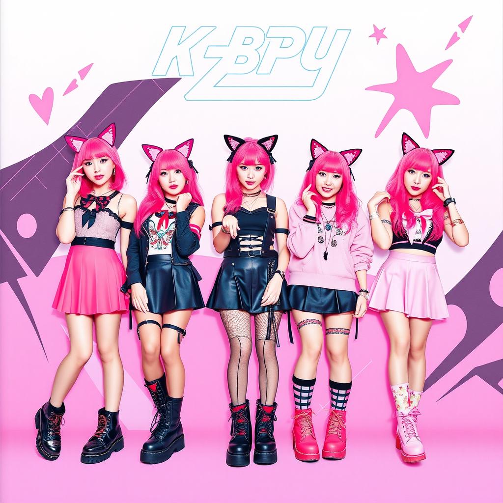 An album cover for a K-pop group featuring five girls with cat ears, all styled in a punk and pink theme