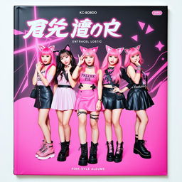 An album cover for a K-pop group featuring five girls with cat ears, all styled in a punk and pink theme