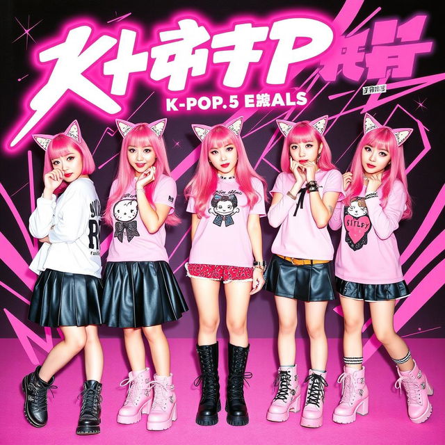 An album cover for a K-pop group featuring five girls with cat ears, all styled in a punk and pink theme