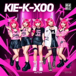 An album cover for a K-pop group featuring five girls with cat ears, all styled in a punk and pink theme