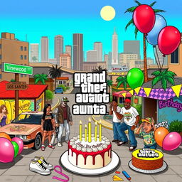 GTA San Andreas-themed birthday party scene featuring vibrant cityscape elements from the game, with iconic landmarks like the Vinewood sign, the Grove Street cul-de-sac, and the Los Santos skyline