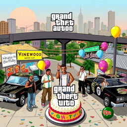 GTA San Andreas-themed birthday party scene featuring vibrant cityscape elements from the game, with iconic landmarks like the Vinewood sign, the Grove Street cul-de-sac, and the Los Santos skyline