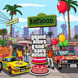 GTA San Andreas-themed birthday party scene featuring vibrant cityscape elements from the game, with iconic landmarks like the Vinewood sign, the Grove Street cul-de-sac, and the Los Santos skyline