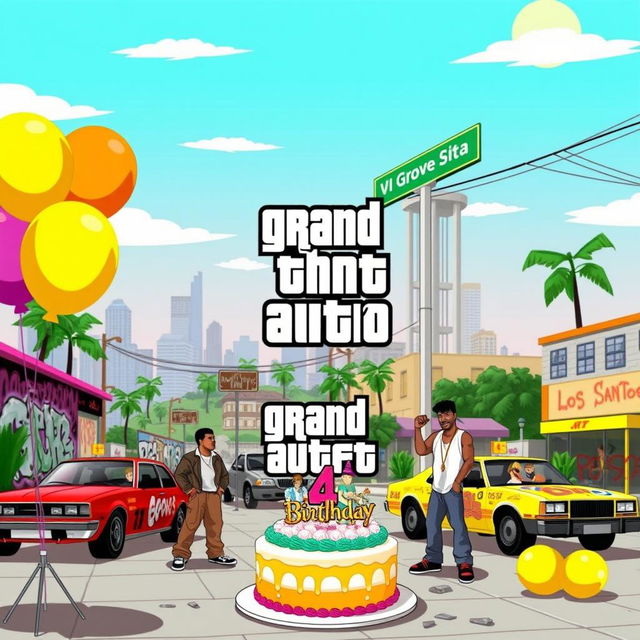 GTA San Andreas-themed birthday party scene featuring vibrant cityscape elements from the game, with iconic landmarks like the Vinewood sign, the Grove Street cul-de-sac, and the Los Santos skyline