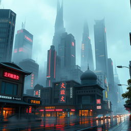 A futuristic cityscape after rain with reflective neon signs, showcasing a blend of modern skyscrapers and traditional architecture, enveloped in a gentle mist with the silhouette of an airship hovering in the sky