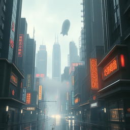 A futuristic cityscape after rain with reflective neon signs, showcasing a blend of modern skyscrapers and traditional architecture, enveloped in a gentle mist with the silhouette of an airship hovering in the sky