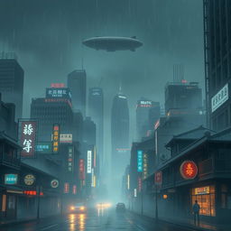 A futuristic cityscape after rain with reflective neon signs, showcasing a blend of modern skyscrapers and traditional architecture, enveloped in a gentle mist with the silhouette of an airship hovering in the sky