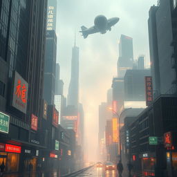 A futuristic cityscape after rain with reflective neon signs, showcasing a blend of modern skyscrapers and traditional architecture, enveloped in a gentle mist with the silhouette of an airship hovering in the sky