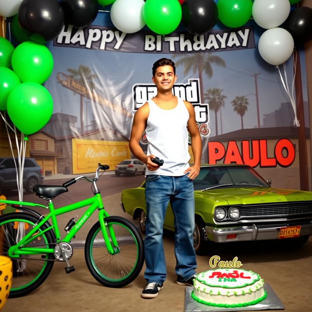 Epic Grand Theft Auto San Andreas-themed birthday scene for Paulo, featuring iconic elements from the game such as the Grove Street neighborhood, CJ's iconic green BMX bike, and the classic lowrider car with hydraulic lifts