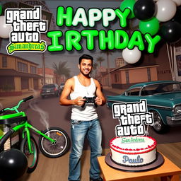 Epic Grand Theft Auto San Andreas-themed birthday scene for Paulo, featuring iconic elements from the game such as the Grove Street neighborhood, CJ's iconic green BMX bike, and the classic lowrider car with hydraulic lifts