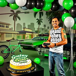 Epic Grand Theft Auto San Andreas-themed birthday scene for Paulo, featuring iconic elements from the game such as the Grove Street neighborhood, CJ's iconic green BMX bike, and the classic lowrider car with hydraulic lifts