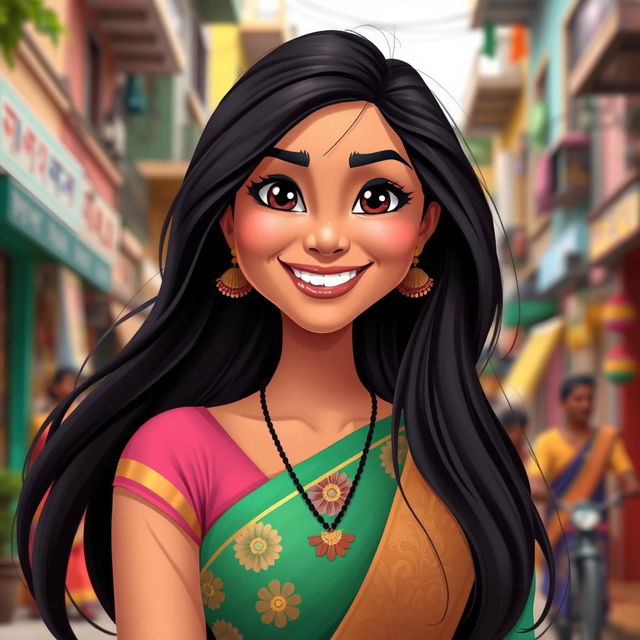 A portrait of a cheerful and vibrant young Indian woman inspired by the character style of "Taarak Mehta Ka Ooltah Chashmah"