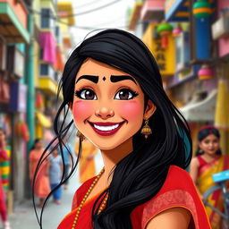 A portrait of a cheerful and vibrant young Indian woman inspired by the character style of "Taarak Mehta Ka Ooltah Chashmah"