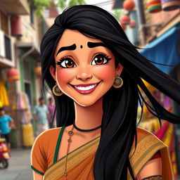 A portrait of a cheerful and vibrant young Indian woman inspired by the character style of "Taarak Mehta Ka Ooltah Chashmah"