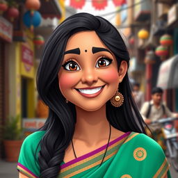 A portrait of a cheerful and vibrant young Indian woman inspired by the character style of "Taarak Mehta Ka Ooltah Chashmah"