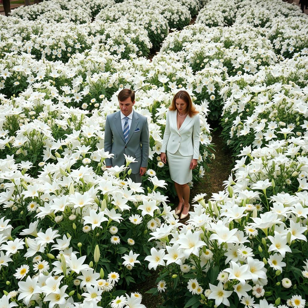 A picturesque garden scene overflowing with vibrant white flowers of various species, such as lilies, daisies, and roses, filling the entire area