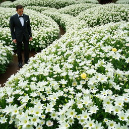 A picturesque garden scene overflowing with vibrant white flowers of various species, such as lilies, daisies, and roses, filling the entire area