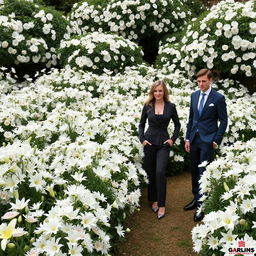 A picturesque garden scene overflowing with vibrant white flowers of various species, such as lilies, daisies, and roses, filling the entire area