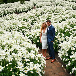 A picturesque garden scene overflowing with vibrant white flowers of various species, such as lilies, daisies, and roses, filling the entire area