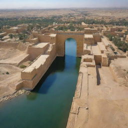 Ancient city of Babylon with its great walls and the mighty Ishtar Gate, under a bright desert sun, with the Euphrates River running by.