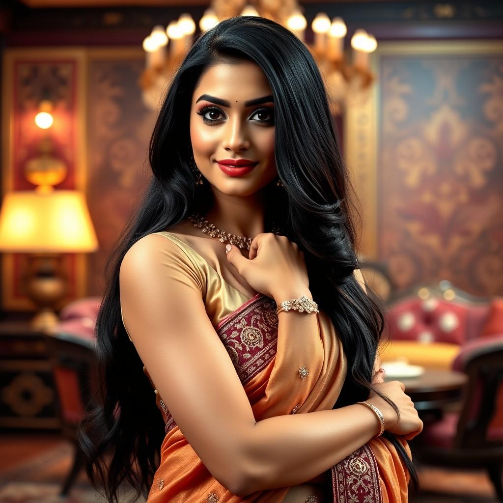 A glamorous Indian television series actress with captivating features, dressed in elegant traditional Indian attire