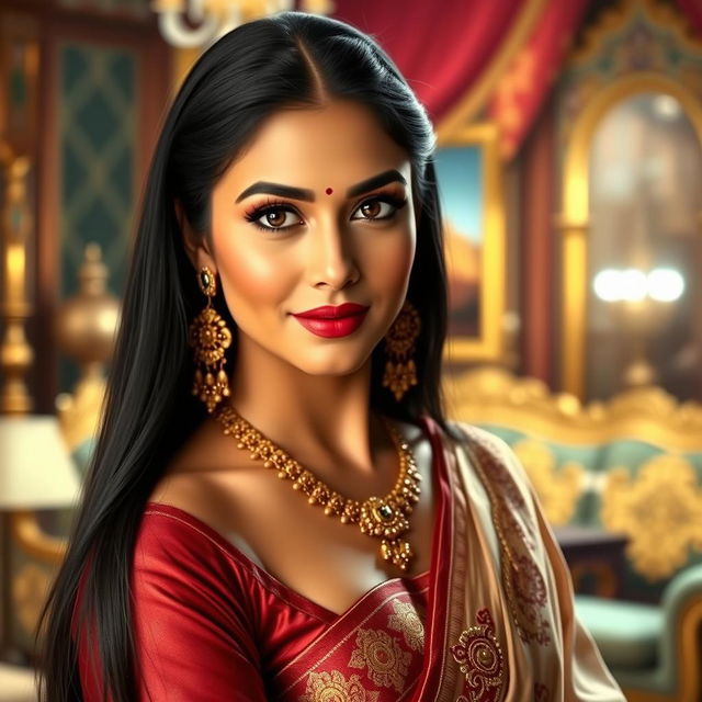 A glamorous Indian television series actress with captivating features, dressed in elegant traditional Indian attire