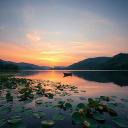 A serene landscape depicting a tranquil lake at dusk, surrounded by lush greenery and gently rolling hills