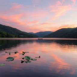 A serene landscape depicting a tranquil lake at dusk, surrounded by lush greenery and gently rolling hills