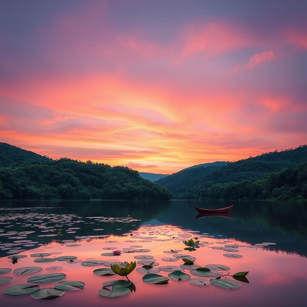 A serene landscape depicting a tranquil lake at dusk, surrounded by lush greenery and gently rolling hills