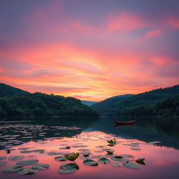 A serene landscape depicting a tranquil lake at dusk, surrounded by lush greenery and gently rolling hills