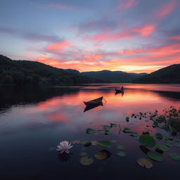 A serene landscape depicting a tranquil lake at dusk, surrounded by lush greenery and gently rolling hills