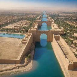 Ancient city of Babylon with its great walls and the mighty Ishtar Gate, under a bright desert sun, with the Euphrates River running by.