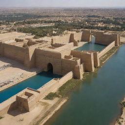 Ancient city of Babylon with its great walls and the mighty Ishtar Gate, under a bright desert sun, with the Euphrates River running by.