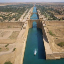 Ancient city of Babylon with its great walls and the mighty Ishtar Gate, under a bright desert sun, with the Euphrates River running by.